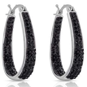 14K White Gold with Black Onyx Crystal U Shape French Lock Drop Hoop Earrings